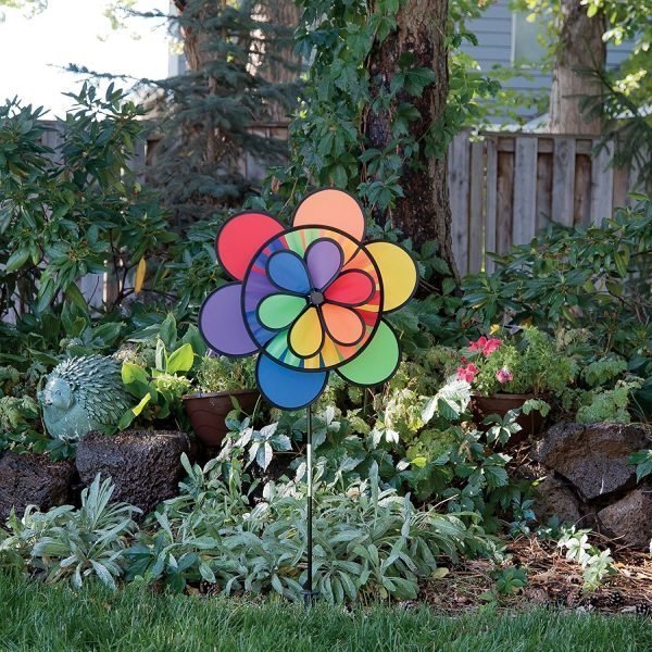 Rainbow Triple Flower/Wheel Combo Garden Spinner 19" by In the Breeze