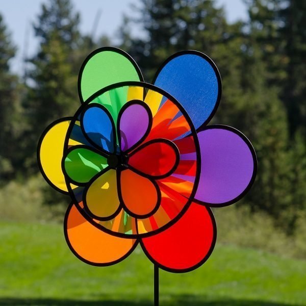Rainbow Triple Flower/Wheel Combo Garden Spinner 19" by In the Breeze