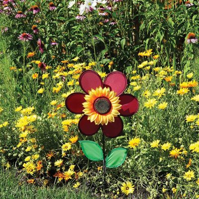 Burgundy Sunflower Garden Yard Wind Spinner with Leaves 12 " by In the Breeze