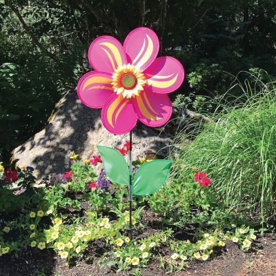 Pink Sunflower Garden Yard Wind Spinner with Leaves 19" - by In The Breeze