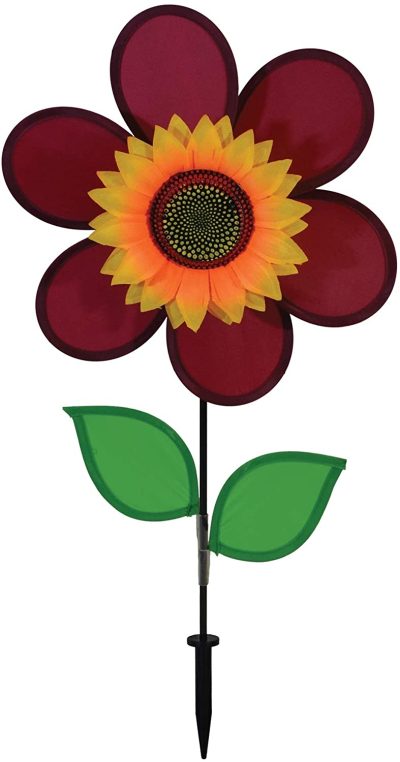 Burgundy Sunflower Garden Yard Wind Spinner with Leaves 12 " by In the Breeze