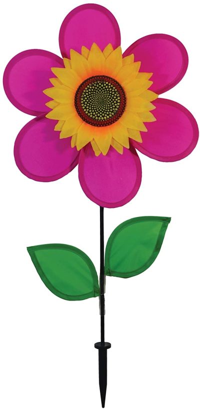 Pink Sunflower Garden Yard Wind Spinner with Leaves 12" by In The Breeze