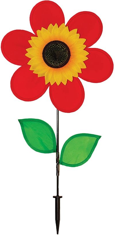 Red Sunflower Graden Wind Spinner with Leaves 12" - by In the Breeze