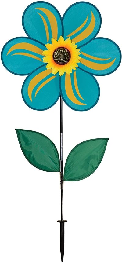 Teal Sunflower Wind Garden Spinner with Leaves 19" - by In The Breeze